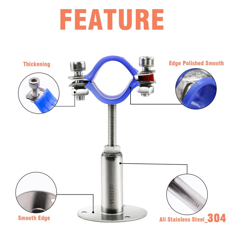 AKIHISA 2 Pcs 304 Stainless Steel Pipe Supports, Wall Mount Ceiling Mount Pipe Hanger, Pipe Holder for OD Pipe 32-34MM Adjustable Height Range 50-100mm - Image 3